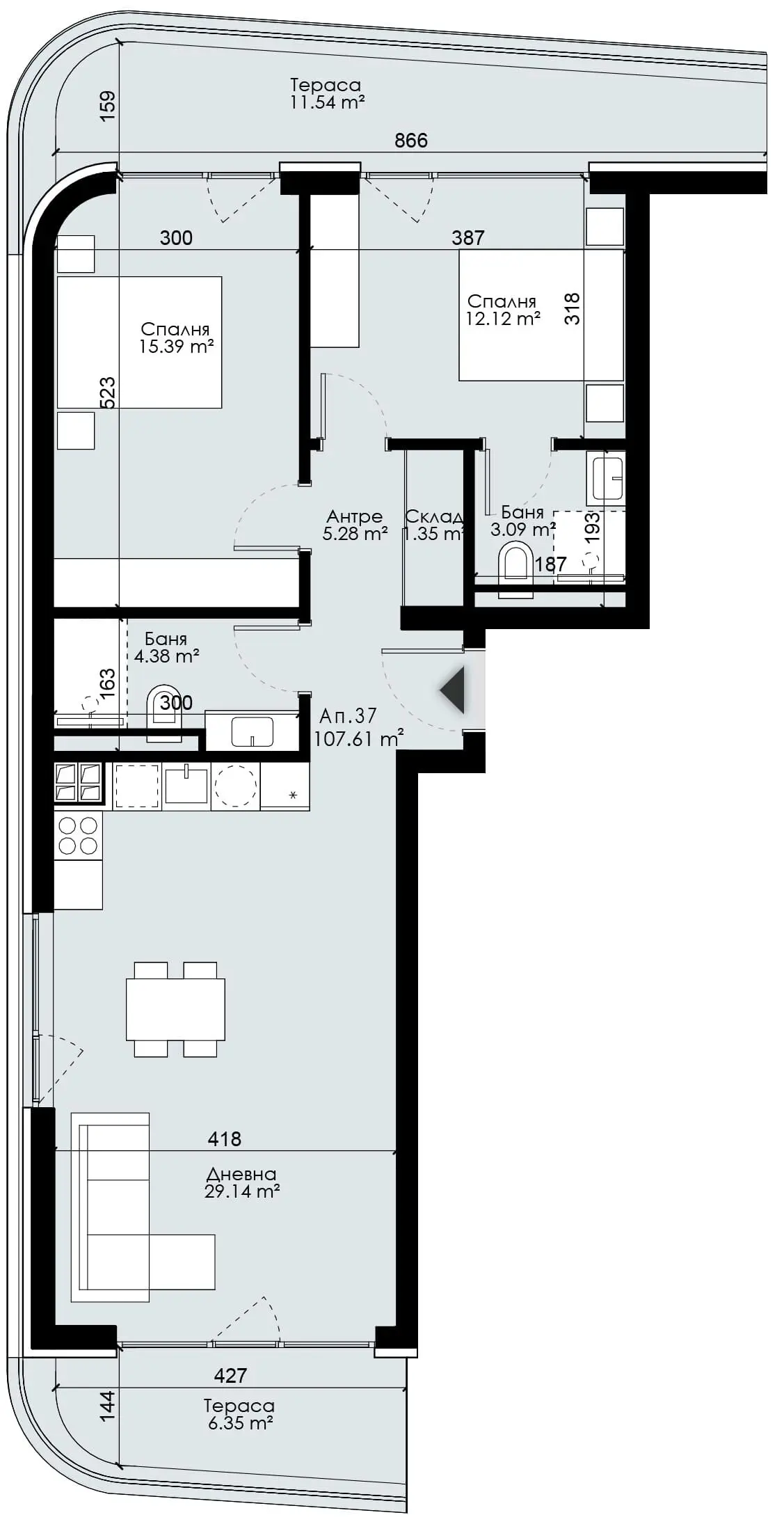 Трёхкомнатная квартира Ж37 в LIBRA, Варна — 127,34 м², два санузла